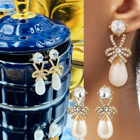 🆕 OSCAR DE LA RENTA 🧿 NWOT Bow Earrings With Pearls - Picture 1 of 16